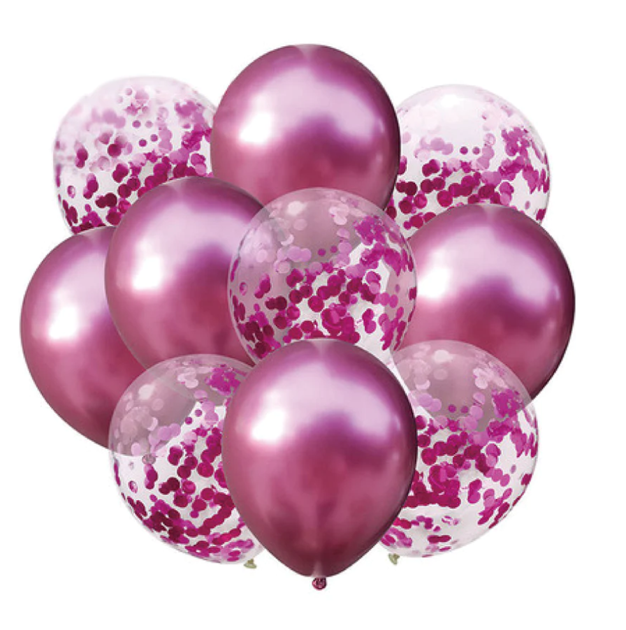 ​Tamsiai rožinių chromuotų balionų su konfeti rinkinys 10vnt