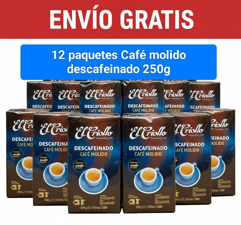 12 PAQUETES Café Molido Descafeinado 250gr El Criollo