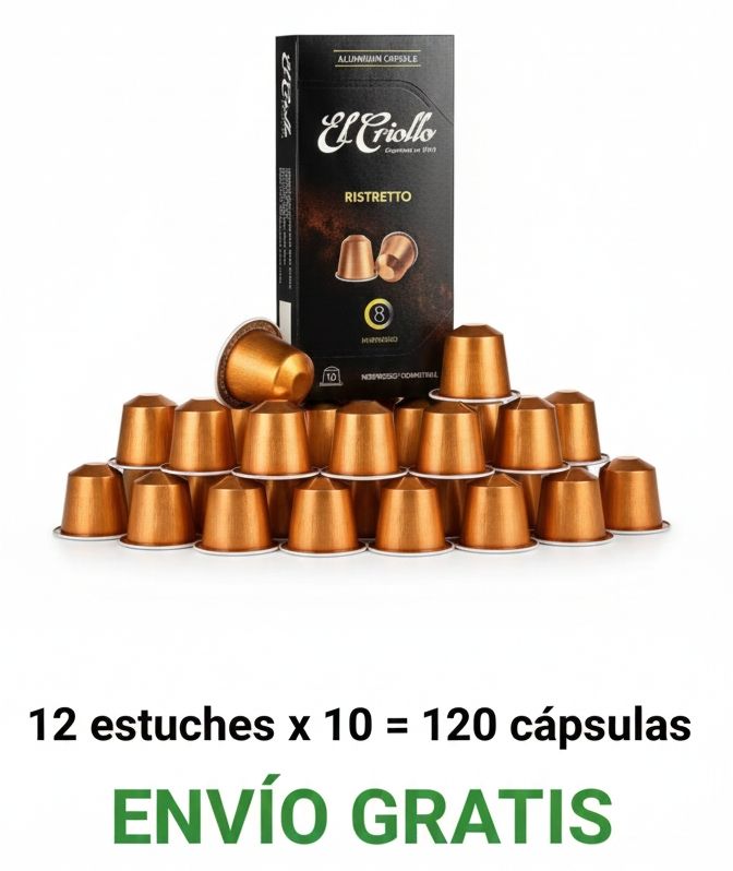 12 ESTUCHES Cápsulas de aluminio compatibles con Nespresso® Ristretto El Criollo caja de 12 estuches x 10