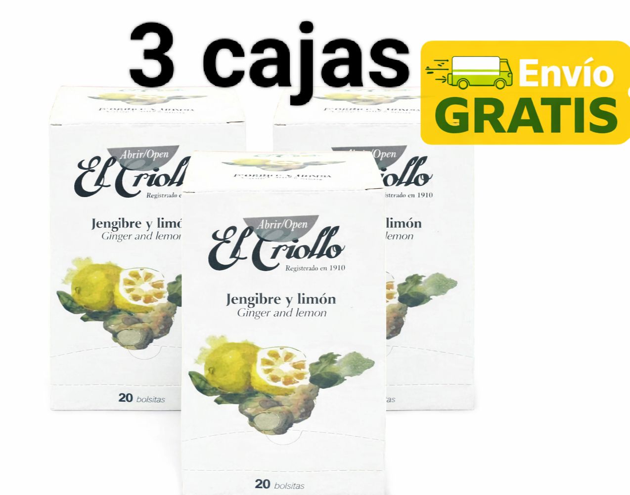 3 CAJAS Infusiónes de Jengibre y limón El Criollo 20 bolsitas x caja