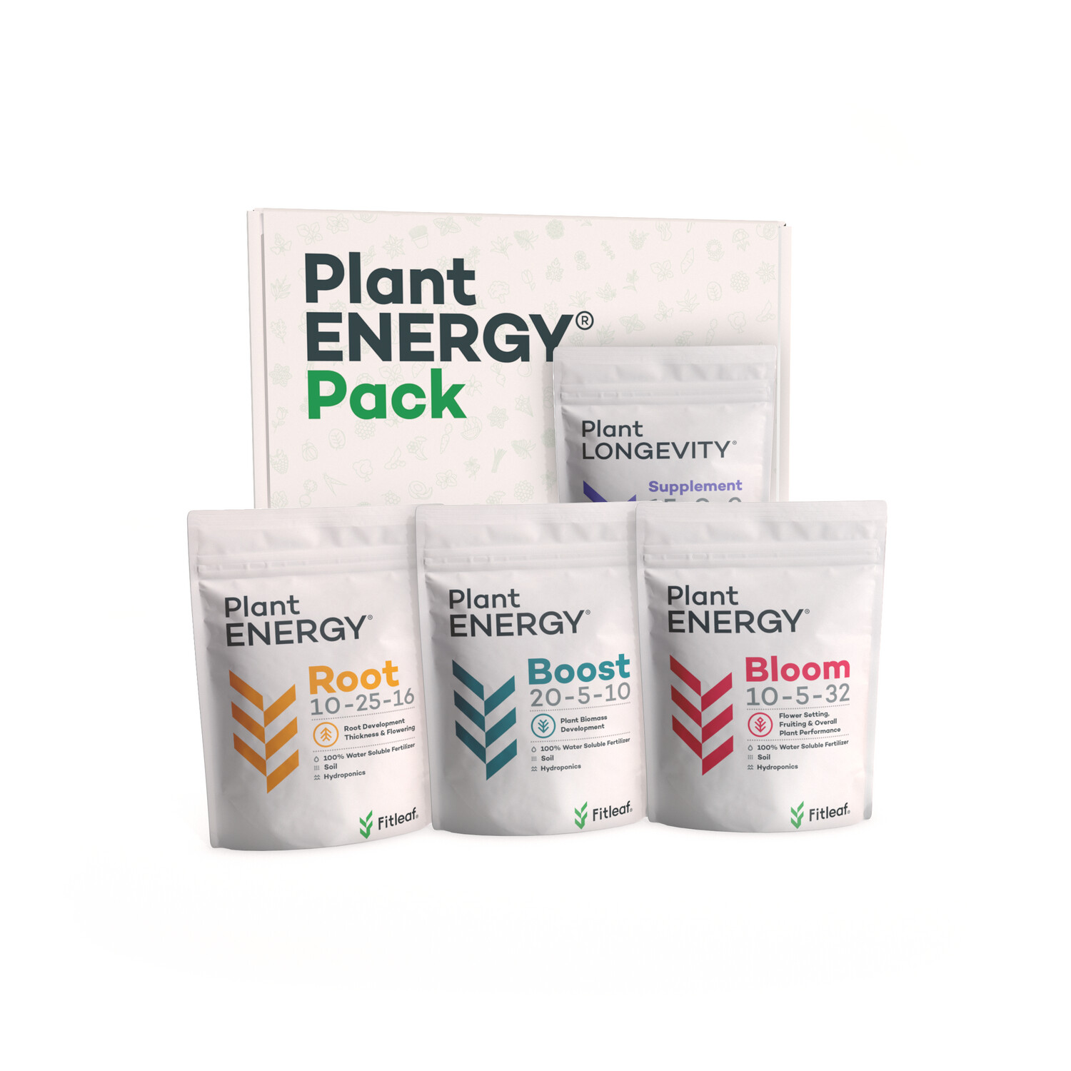 Fitleaf® Plant Energy Pack (4 x 1 Kg) – Paquete Nutricional Completo para Todas las Etapas del Cultivo