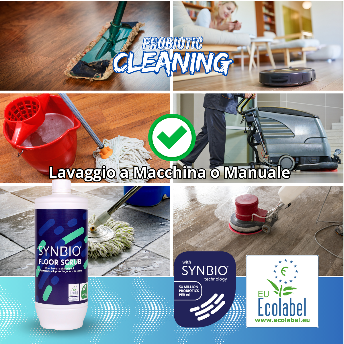 Detergente con Probiotici naturali per lavapavimenti automatici e robot. Synbio floor scrub