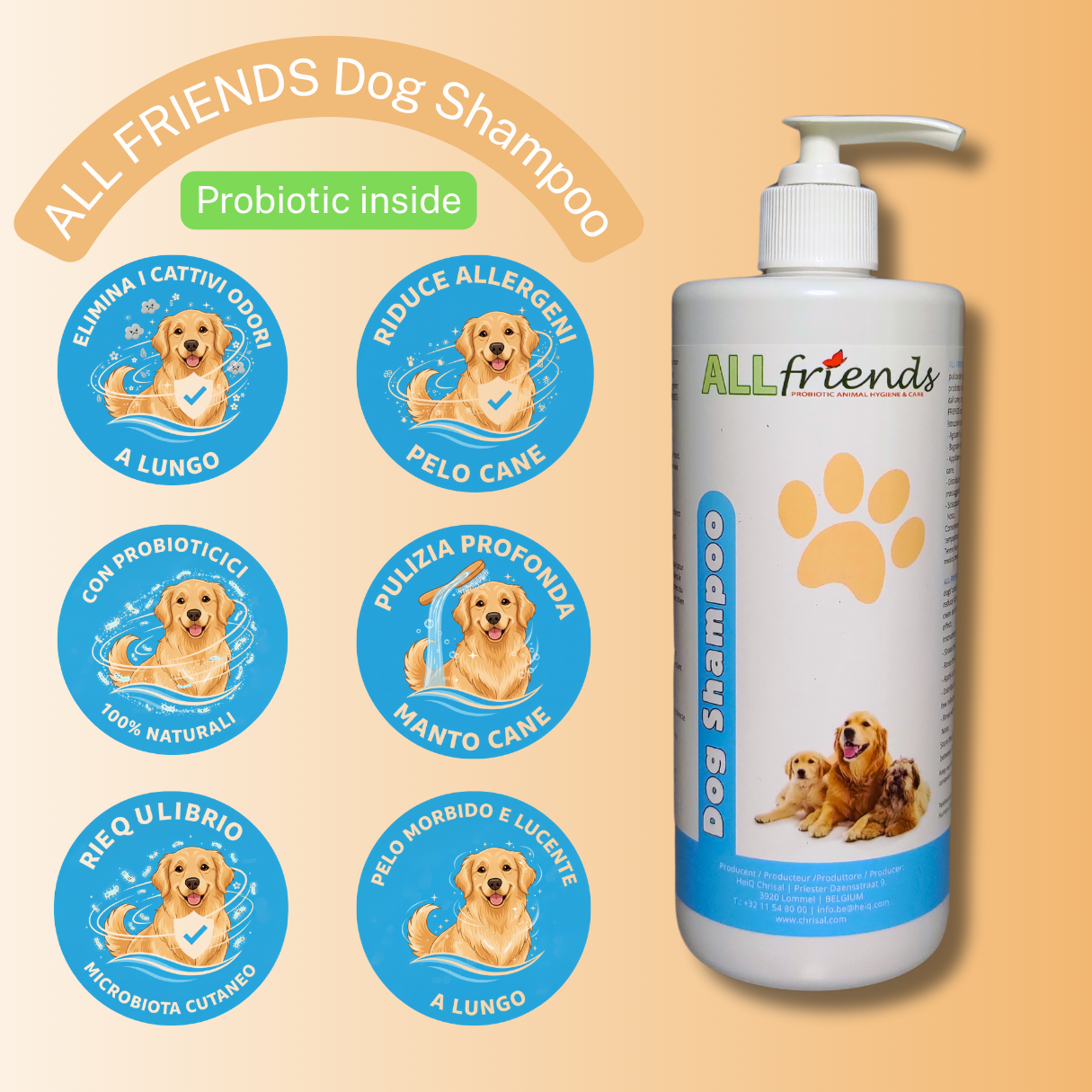 ALL FRIENDS Dog Shampoo Antiodore con Probiotici Naturali per Cani