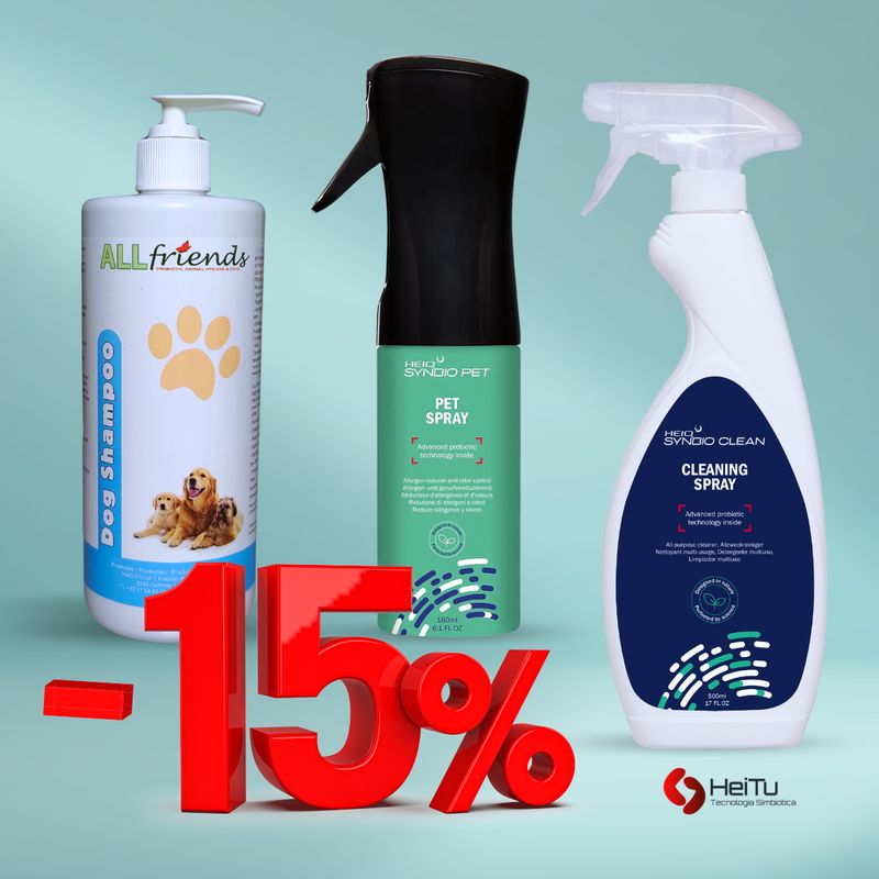 Deodorante, Shampoo e Cleaning spray, ai probiotici, per cani e gatti. kit  scontato -15%