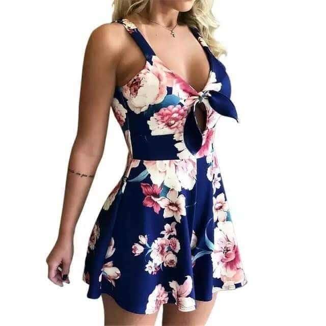 Women&#39;s Summer Print Jumpsuit V-neck Beach Rompers Sleeveless mini dress