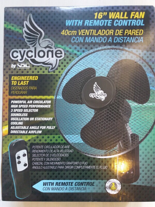 Ventilatore murale oscillante 50w a 3 velocità cyclone con telecomando