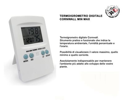 Termoigrometro Digitale Cornwall Min Max Temperatura Umidità Grow Box Termoigrometro digitale Cornwall con display min max per monitoraggio temperatura e umidità in grow…