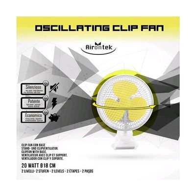 Ventilatore a Clip Oscillante Airontek 18cm 20W Silenzioso Ventilatore a clip oscillante Airontek 18cm 20W con pinza, 3 eliche e 2 velocità per grow room