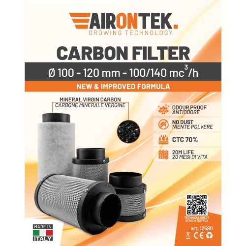 Filtro a Carboni Attivi Airontek Ø100 120mm 100/140 m³/h Made in Italy Filtro a carboni attivi Airontek Ø100 120mm portata 100/140 m³/h per coltivazione indoor Made in It…
