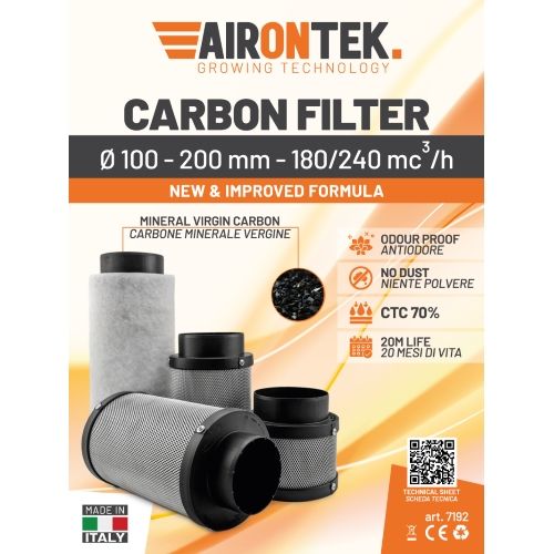 Filtro a carboni attivi Airontek Ø100 mm portata 180-240 m³/h per coltivazione indoor Made in Italy