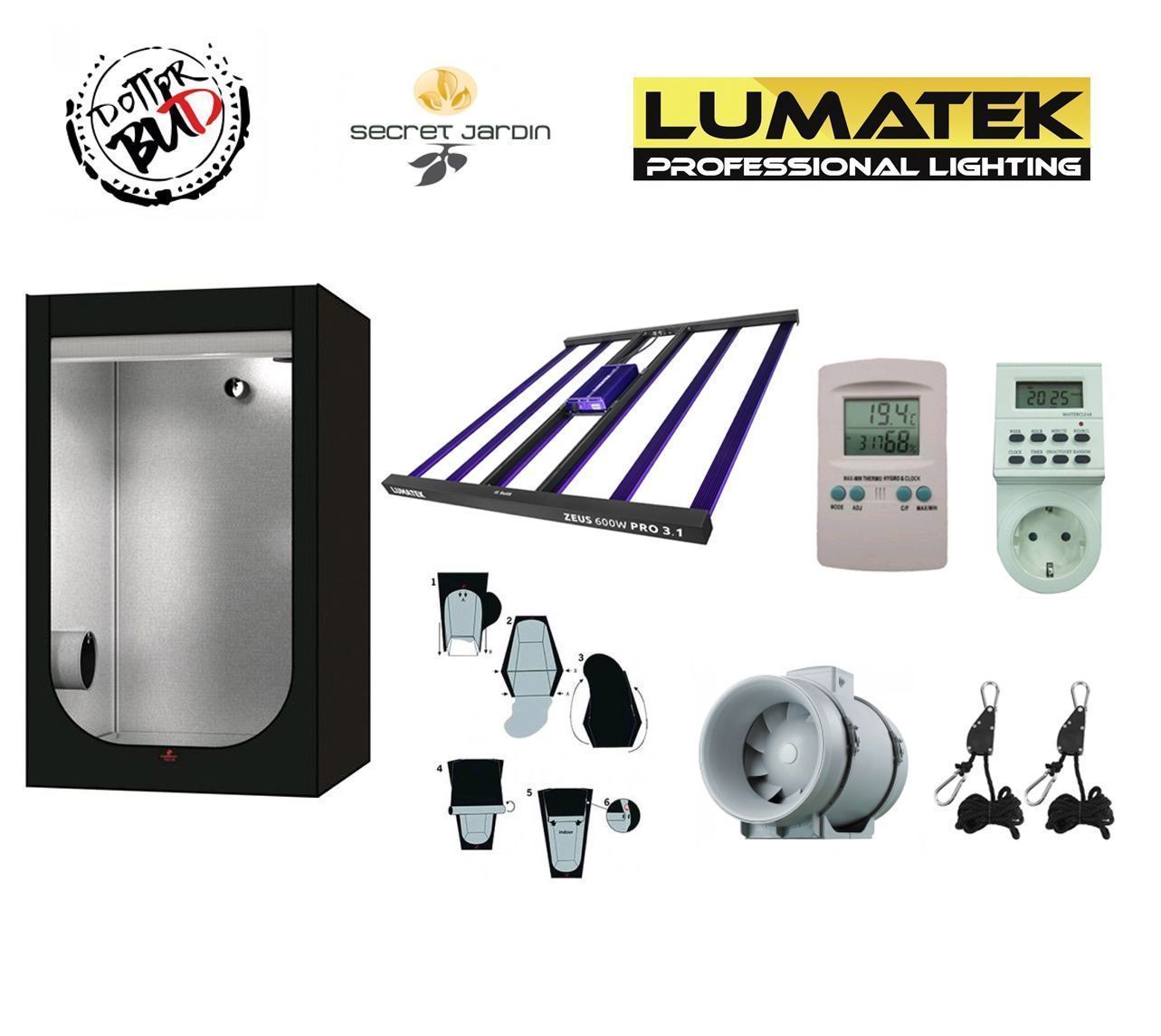 Kit Grow Box LED 150x150x200 cm Ortoled con Lumatek Zeus 600W Pro 3.1, OPTIONAL'S: KIT SENZA OPTIONALS