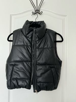 Black Leather Puffer Jacket — Small