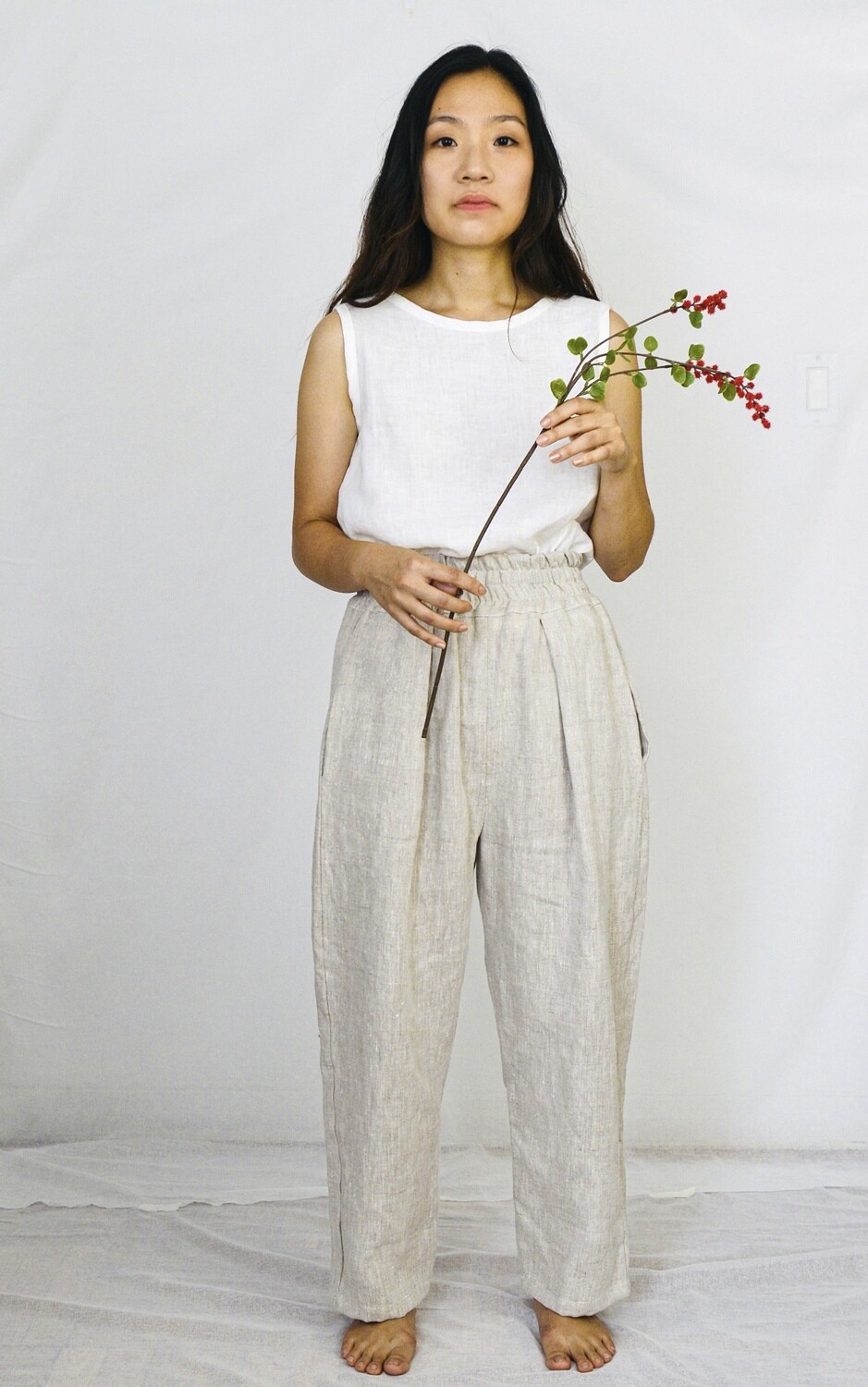 Linen High Waist Pants in Oatmeal