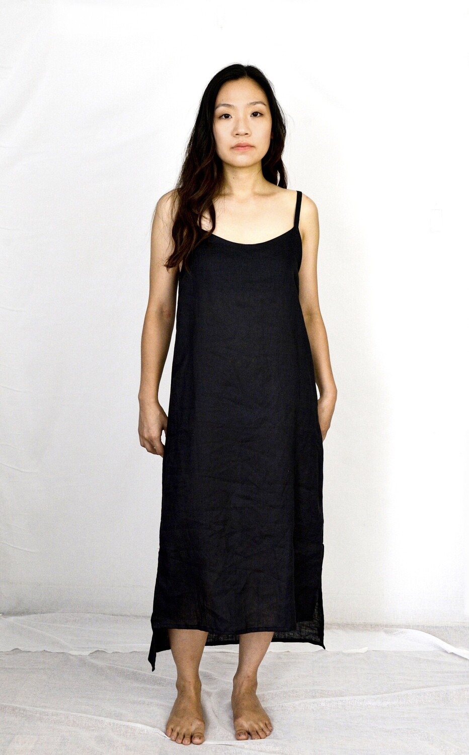 Black Linen Slip Dress with Side Slits