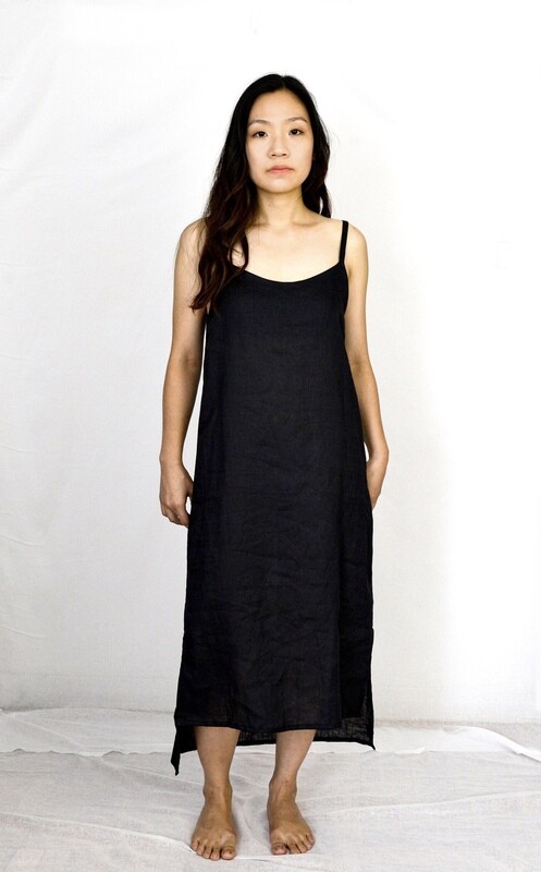 Black Linen Slip Dress with Side Slits
