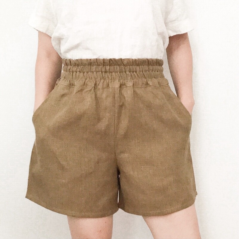 Linen Shorts High Waisted with Pockets, in Cocoa Brown