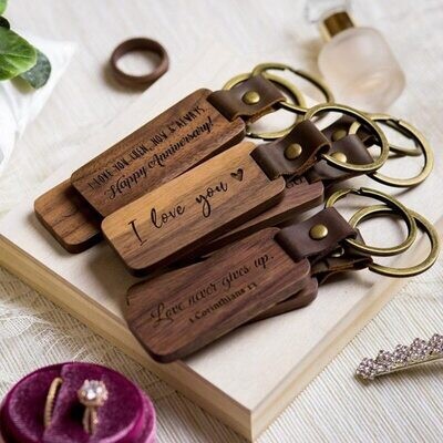 Engraved Wood Bar with leather Keychain / Keyring