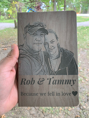 Personalized Engraved Notebook | Custom Faux Wood Hardcover Book with Inner Pocket