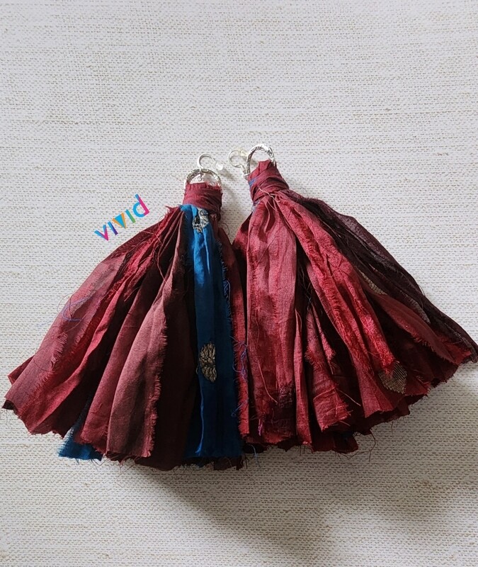 Burgundy with a Touch of Blue Fringe Earrings