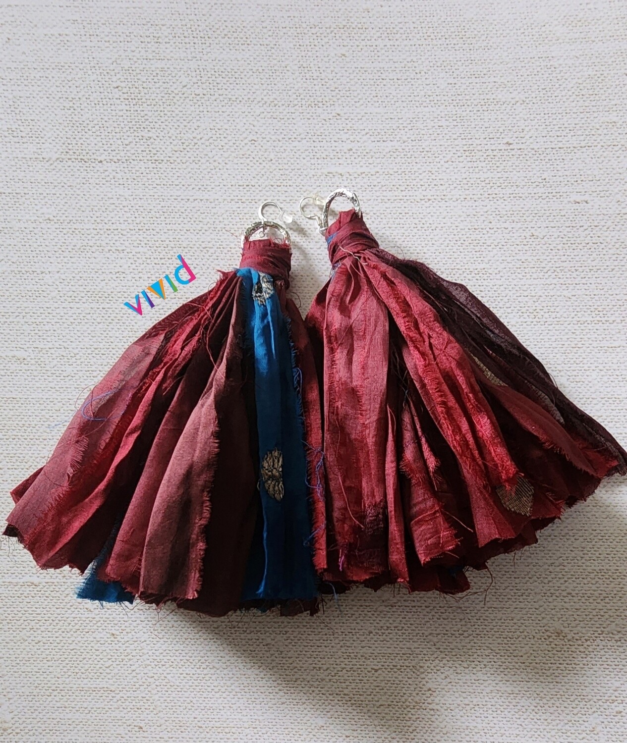 Burgundy with a Touch of Blue Fringe Earrings