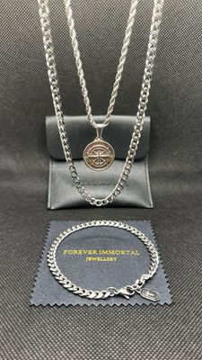 5mm Cuban Set, Chain, Bracelet Plus Compass Pendant With 3mm Rope chain (silver)