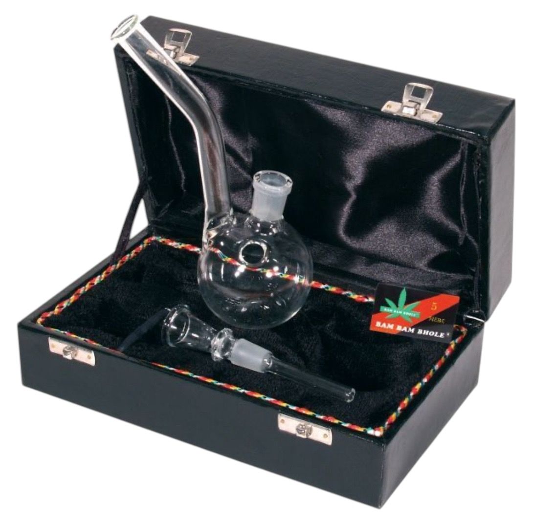 Glasbong im Koffer, GW29, Kugel-Fuß, 17 cm hoch, 14.5er Schliff