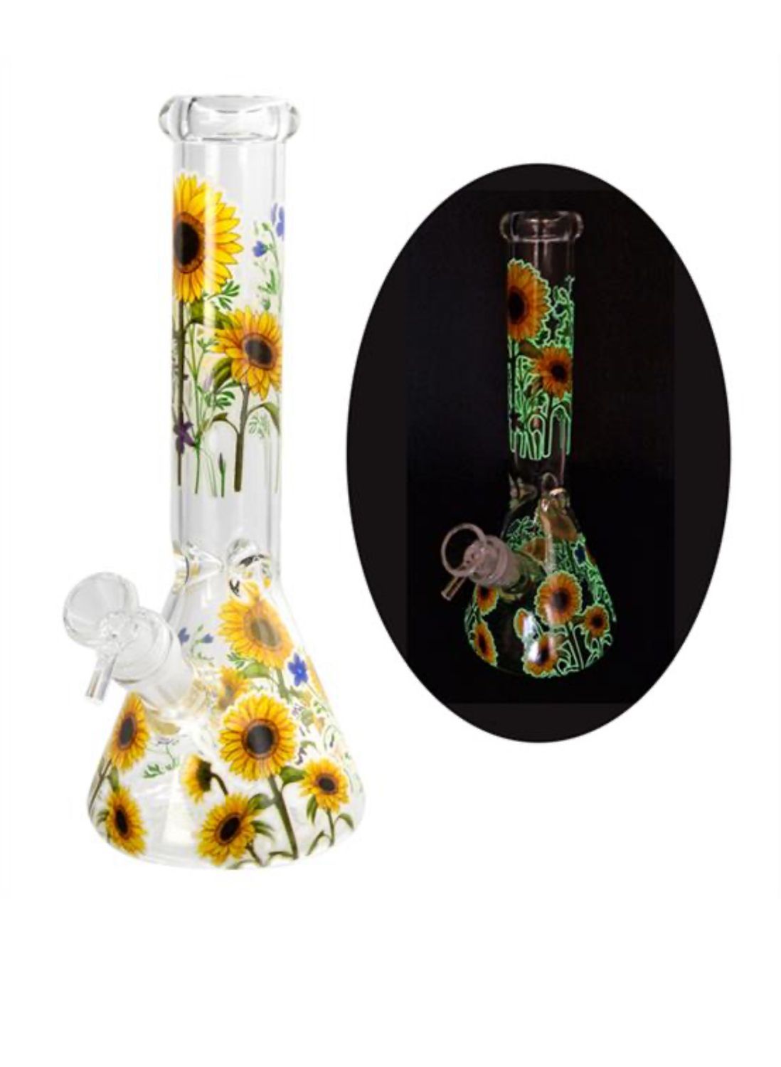 Glas Kolbenbong ICE Percolator GLOW IN THE DARK "Sonnenblumen",