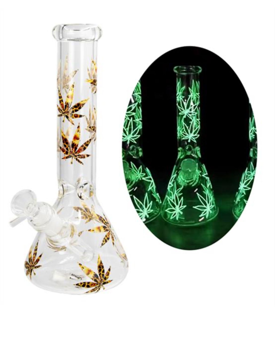 Glas Kolbenbong ICE Percolator GLOW IN THE DARK "Hanfblatt",