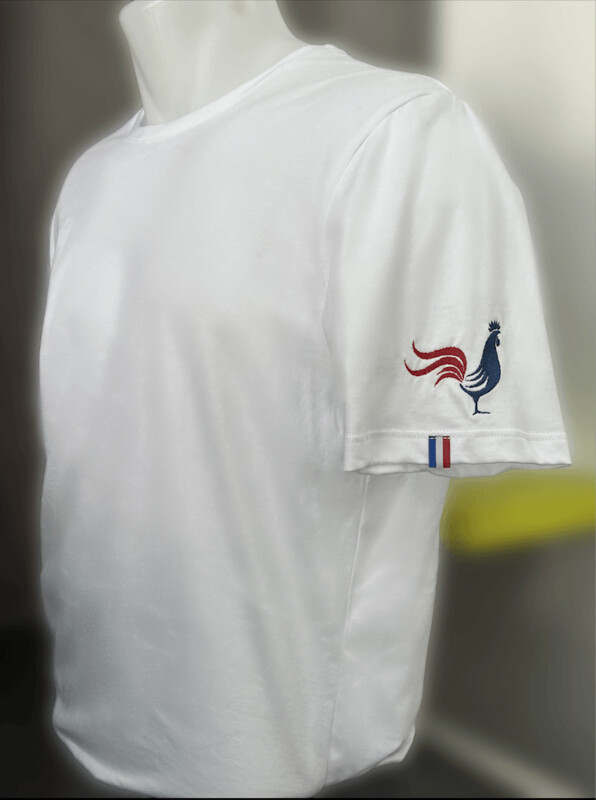 T-shirt Bio Origine France Garantie avec Coq  aux couleurs de France brodé sur la manche