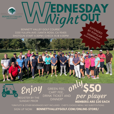 Wednesday Night Out (Includes 9 hole golf round, drink, dinner) *Note new start time at 4:30pm (4:00 check in)* 00029