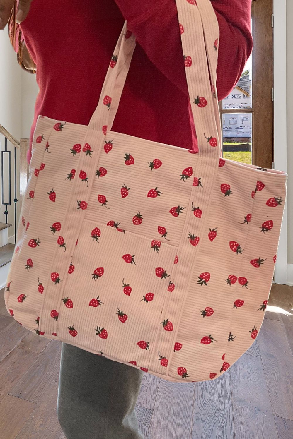 Pink Strawberry Corduroy Tote Bag