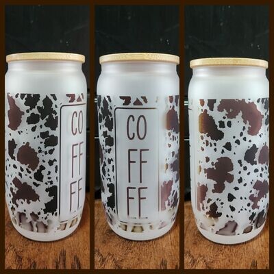 18oz Cow Print Coffee Frosted Glass Can w/ Bamboo Lid and Straw