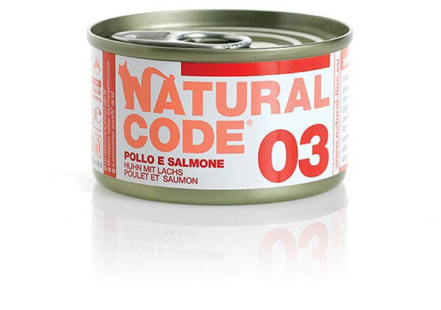 03 Pollo e Salmone lattina 85g Natural Code gatto