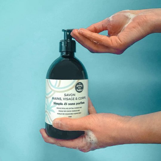 Savon main, visage et corps-simple et sans parfum à l'huile d'olive bio extra vierge, à l'huile de coco bio, à l'huile de chanvre bio et au CBD.-500 l