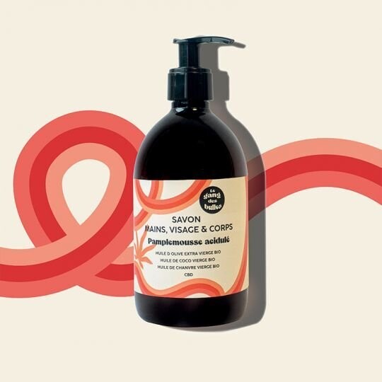 Savon visage, main et corps-pamplemousse acidulé à l'huile d'olive bio extra vierge, à l'huile de coco bio, à l'huile de chanvre bio et au CBD.-500 ml Savon visage, main et corps-pamplemousse acidulé à l'huile d'olive bio extra vierge, à l'huile de coco bio, à l'huile de chanvre bio et au CBD.-500 ml