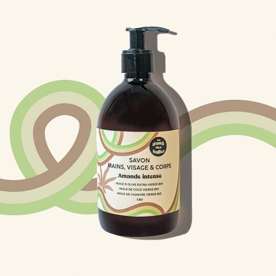 Savon visage, main et corps 
amande intense à l'huile d'olive bio extra vierge, à l'huile de coco bio, à l'huile de chanvre bio et au CBD.- 500 ml