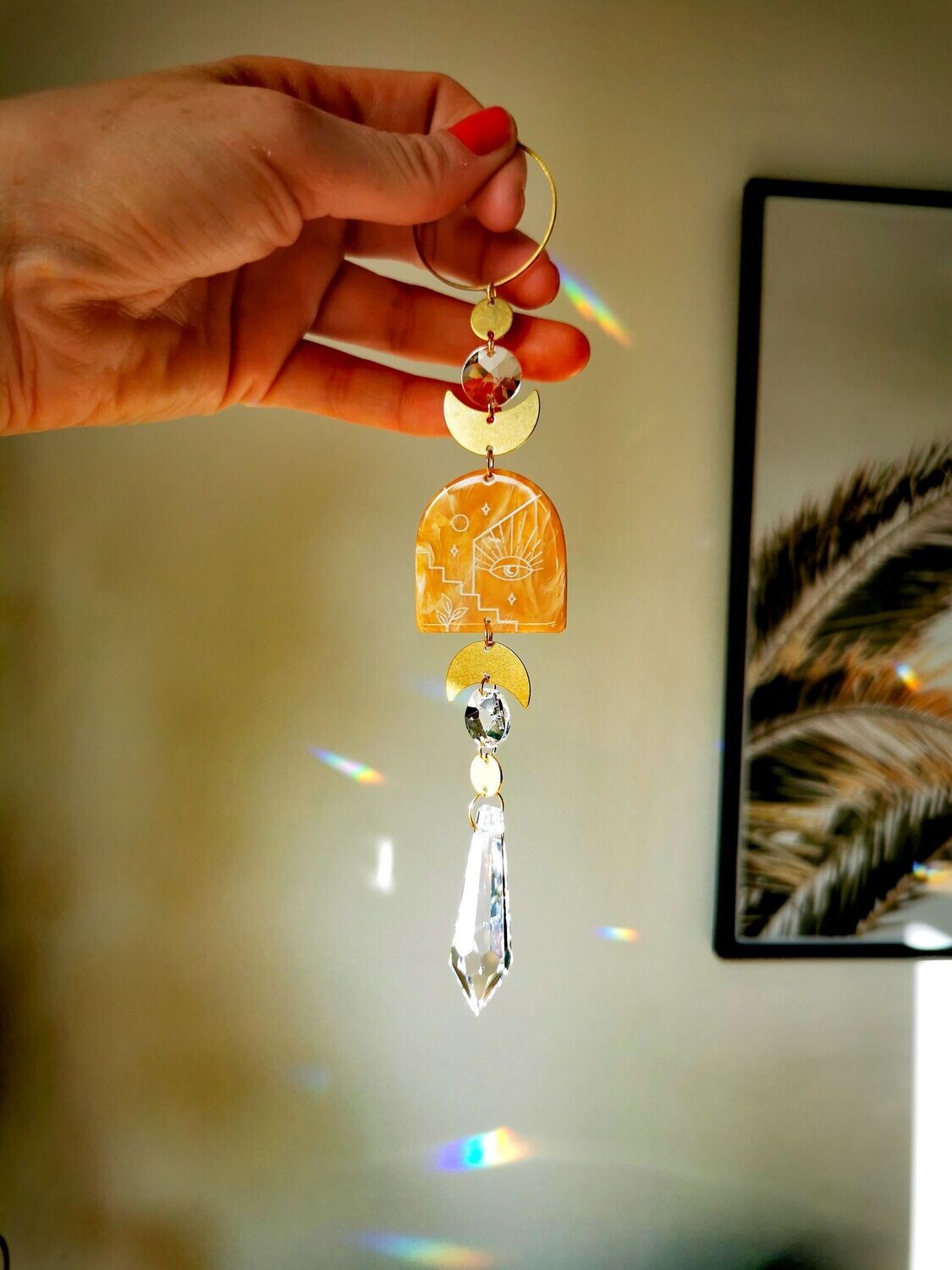 Suncatcher medium beige gelb- Sonnenfänger mit Regenbogenkristallen