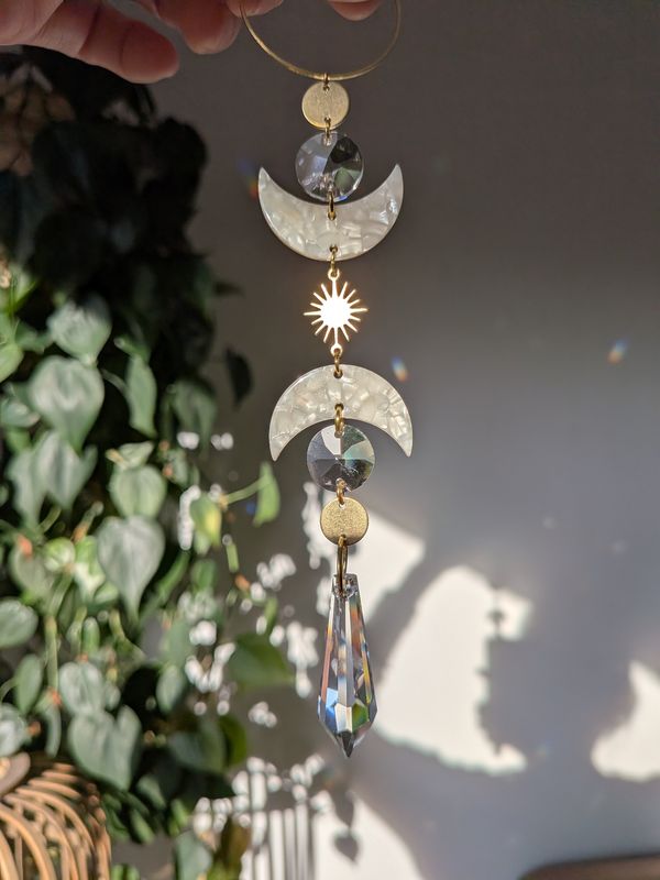 Suncatcher Small - 2 Moons  - mystischer Sonnenfänger mit Regenbogenkristallen und Mond