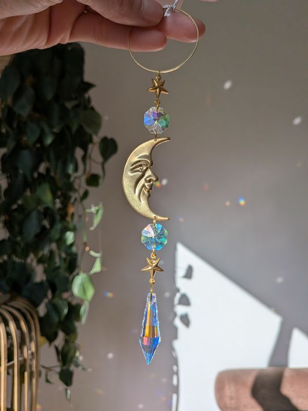 Suncatcher Small - Aurora Mond Stern  - Sonnenfänger mit Aurora Borealis Regenbogenkristallen, Iristierender Effekt