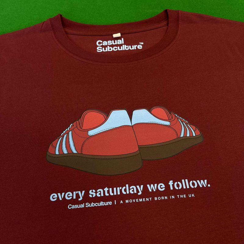 Every Saturday we Follow T Shirt - Burgundy - LARGE