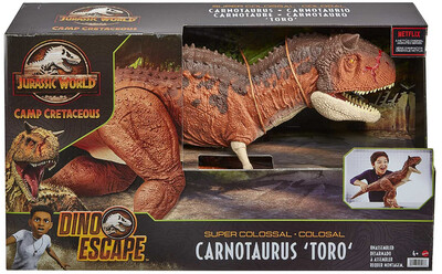 Jurassic World- Dinosauro Carnotauro Toro Super Colossale da 91 cm con Apertura sulla Pancia