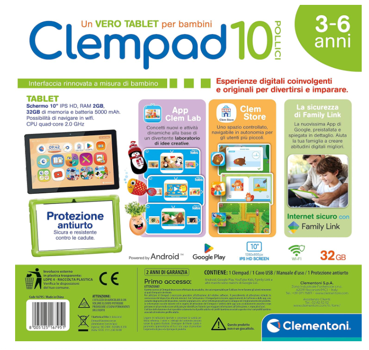 Clementoni Tablet per Bambini 3-6 anni 10 Wifi 2 GB Ram Android 11 Verde  16795