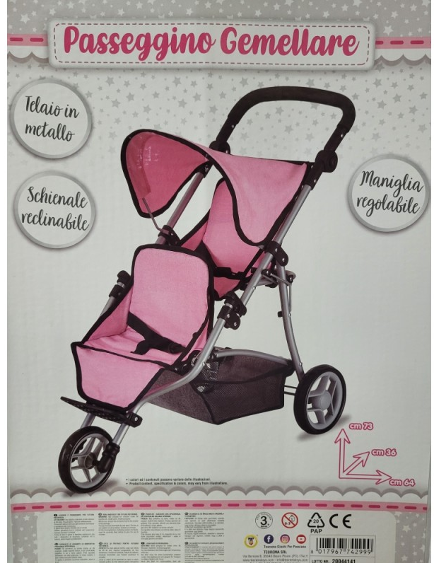 PASSEGGINO GEMELLARE PER BAMBOLE ROSA E GRIGIO PASSEGGINO GEMELLARE PER BAMBOLE ROSA E GRIGIO