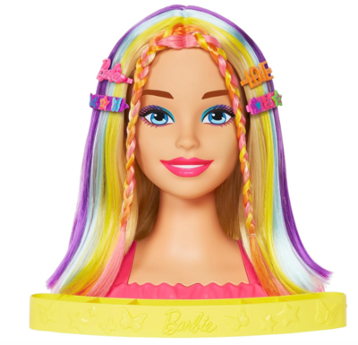 Barbie - Super Chioma Hairstyle Capelli Arcobaleno, testa pettinabile con capelli biondi e ciocche arcobaleno fluo da acconciare, con accessori Color Reveal