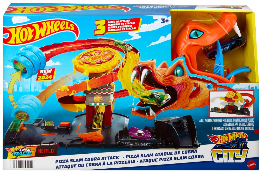 Hot Wheels 'Let's Race' Netflix - Attacco del Cobra in Pizzeria, playset con pista a spirale e funzione a scomparsa casuale con 3 percorsi