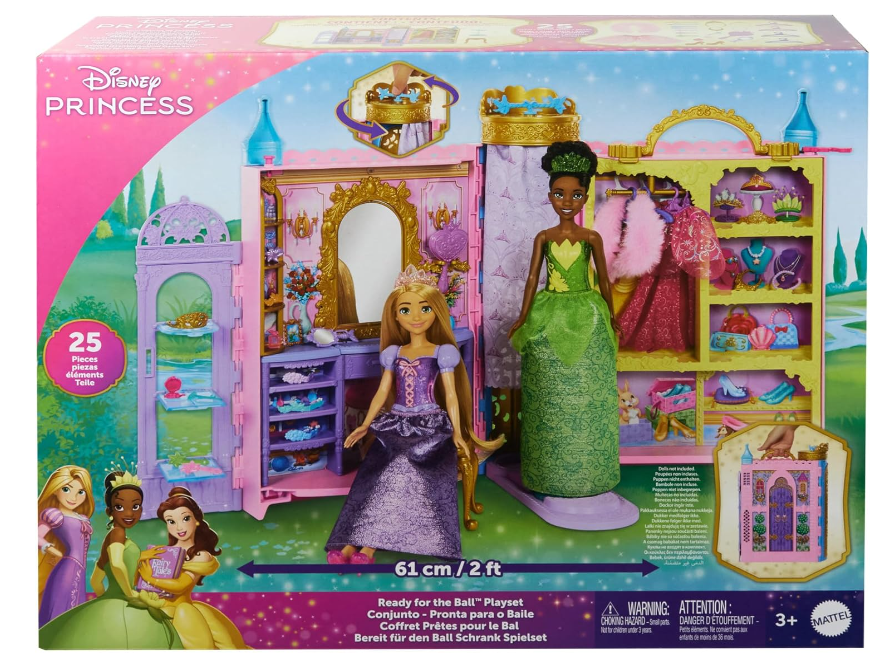 Mattel Disney Princess - Guardaroba da Favola, playset armadio apribile fino a 60cm con 2 abiti e 25 accessori, specchiera, camerino e passerella inclusi