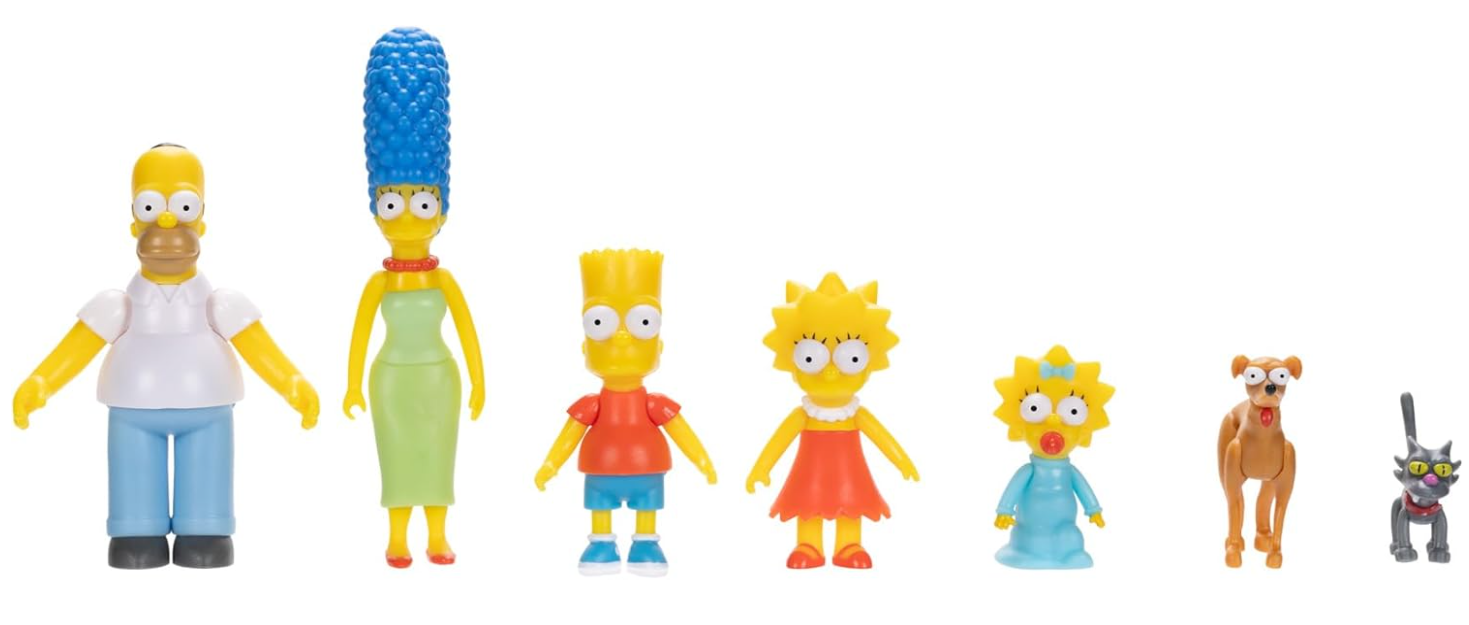 The Simpsons – multipack di action figure da 6 cm. Contiene tutta la famiglia Simpson: Homer, Marge, Bart, Lisa, Maggie, Piccolo aiutante di Babbo Natale e Palla di neve.
