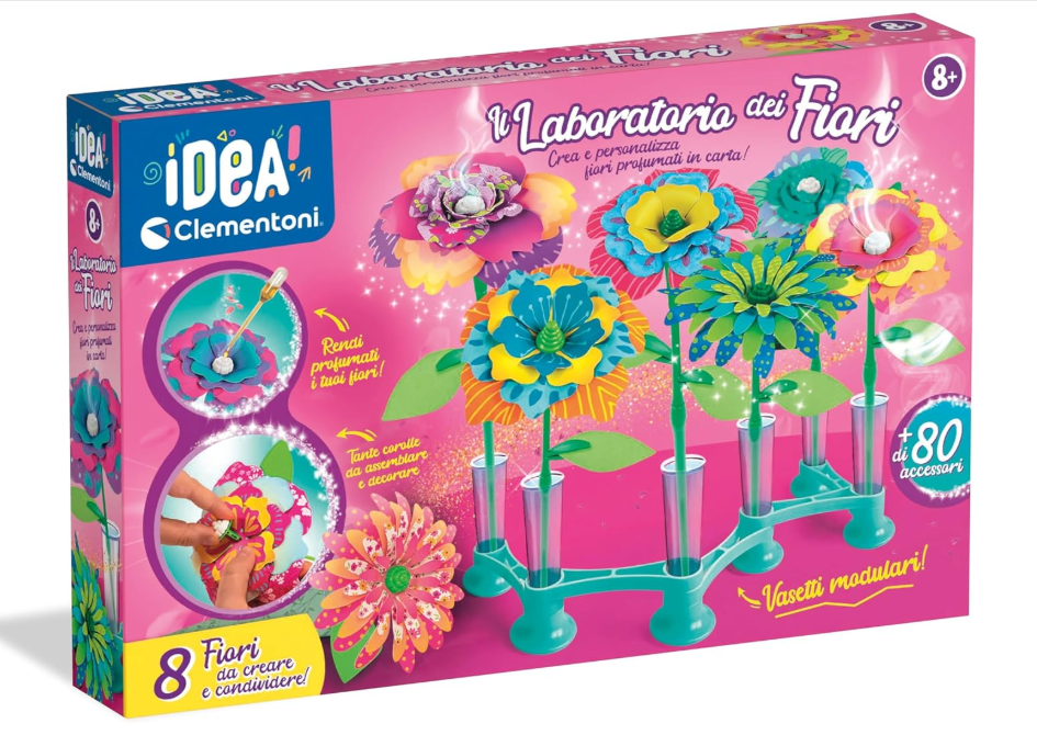 Clementoni Idea - Il Laboratorio dei Fiori, Kit Creativo per Bambini 8+ Anni, con 8 Fiori in Carta da Colorare e Profumare e Tanti Accessori da Combinare