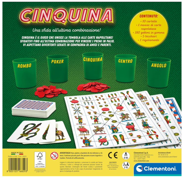 Clementoni Giochi da Tavolo - Cinquina - Mazzo di Carte Bambini 6 Anni, Tombola, Carte Napoletane, Bingo