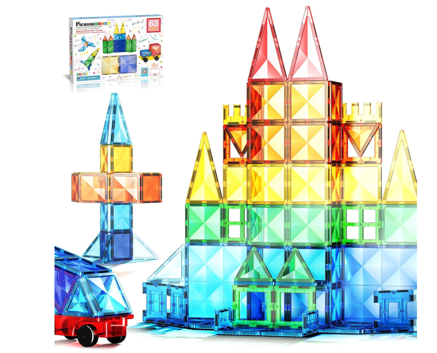 PicassoTiles Costruzioni Set di 63 blocchi magnetici a forma di diamante, blocchi di piastrelle con auto e camion